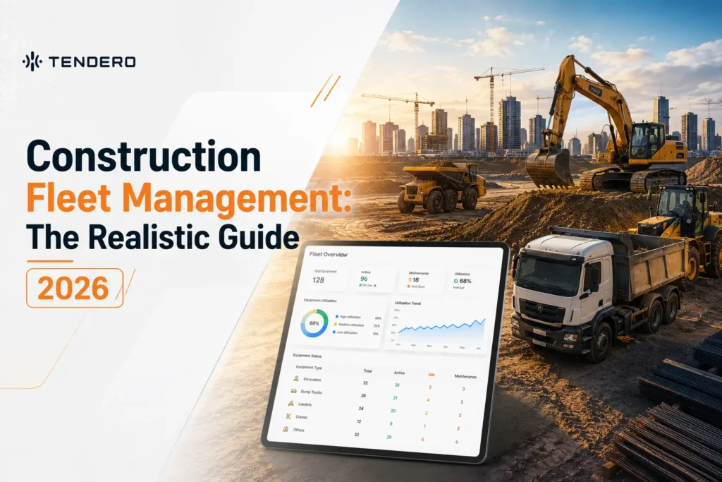 Construction fleet manager reviewing mixed equipment fleet data on a dashboard