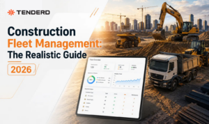 Construction fleet manager reviewing mixed equipment fleet data on a dashboard