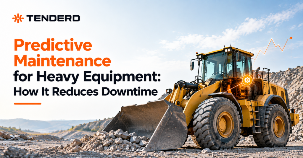 TENDERD banner showing a heavy wheel loader with predictive maintenance and diagnostic graphics, illustrating how predictive maintenance can reduce equipment downtime.