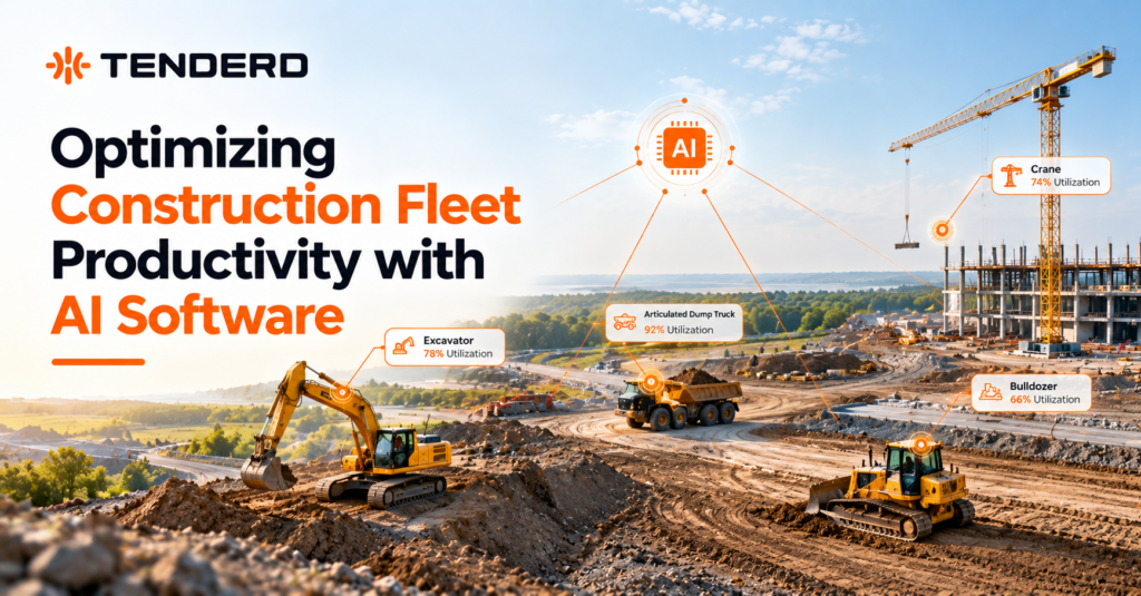 TENDERD banner showing construction equipment with AI-powered fleet productivity and utilization data overlays at a construction site.