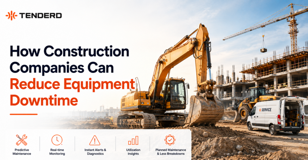 Diagram showing mechanical and coordination causes of construction equipment downtime and how centralized fleet visibility reduces both