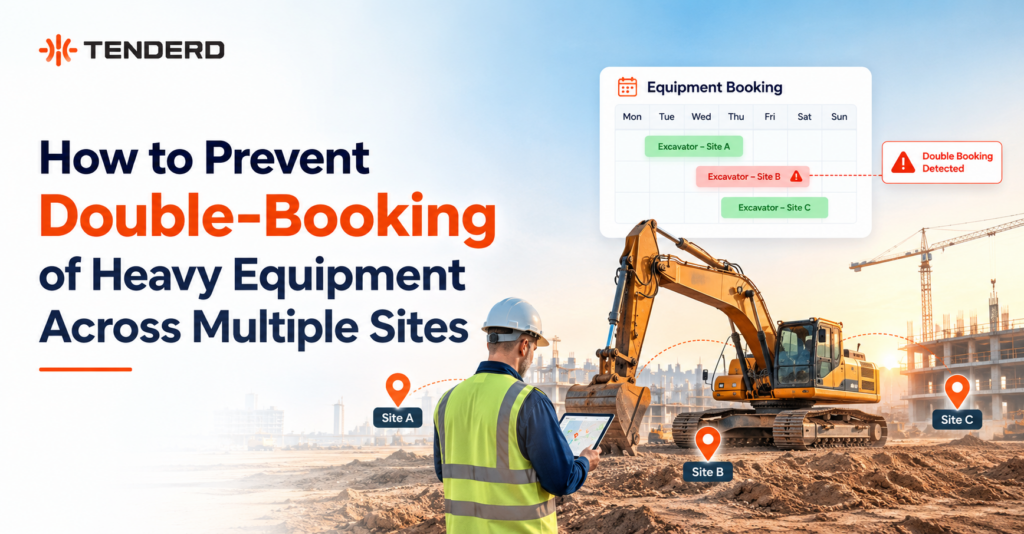 Diagram showing centralized equipment booking preventing double-booking of heavy equipment across multiple construction sites