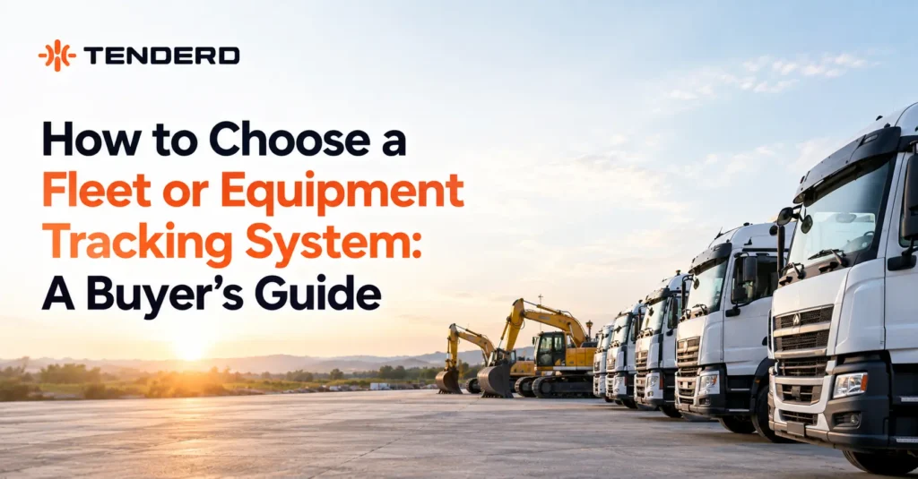 Checklist diagram for evaluating a fleet and equipment tracking system across a mixed heavy-equipment construction fleet