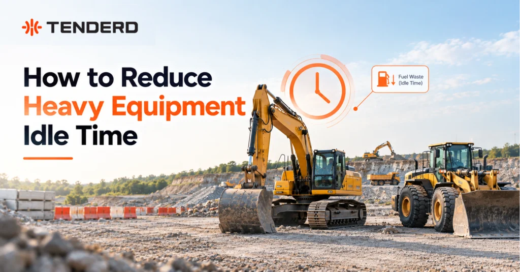 Excavator and wheel loader sitting idle on a construction site, with a clock icon and a fuel waste callout showing heavy equipment idle time