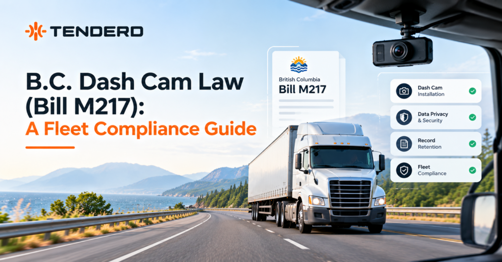 B.C. Dash Cam Law (Bill M217) fleet compliance guide featuring a truck-mounted dash cam and key compliance considerations, including data privacy, record retention, and dash cam installation.