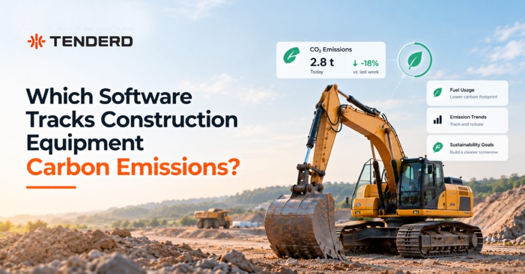 Construction excavator with software overlays showing real-time carbon emissions tracking and sustainability metrics.