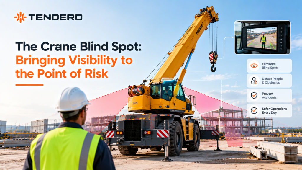 Yellow mobile crane at a construction site with a highlighted blind-spot zone, worker, and camera-monitoring system for improved equipment safety.