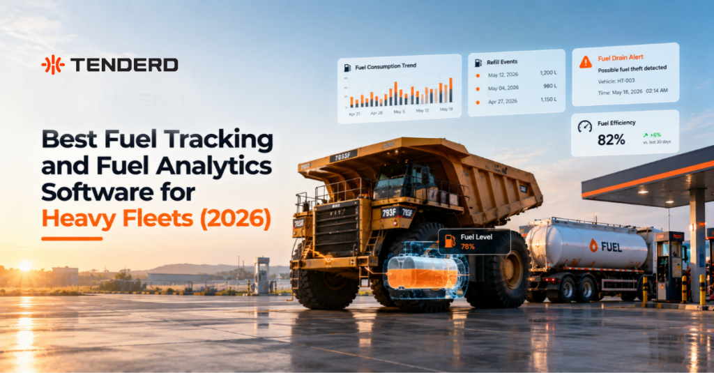 TENDERD banner showing a heavy-duty mining truck and fuel tanker with fuel tracking, consumption analytics, efficiency, and fuel theft alert data.
