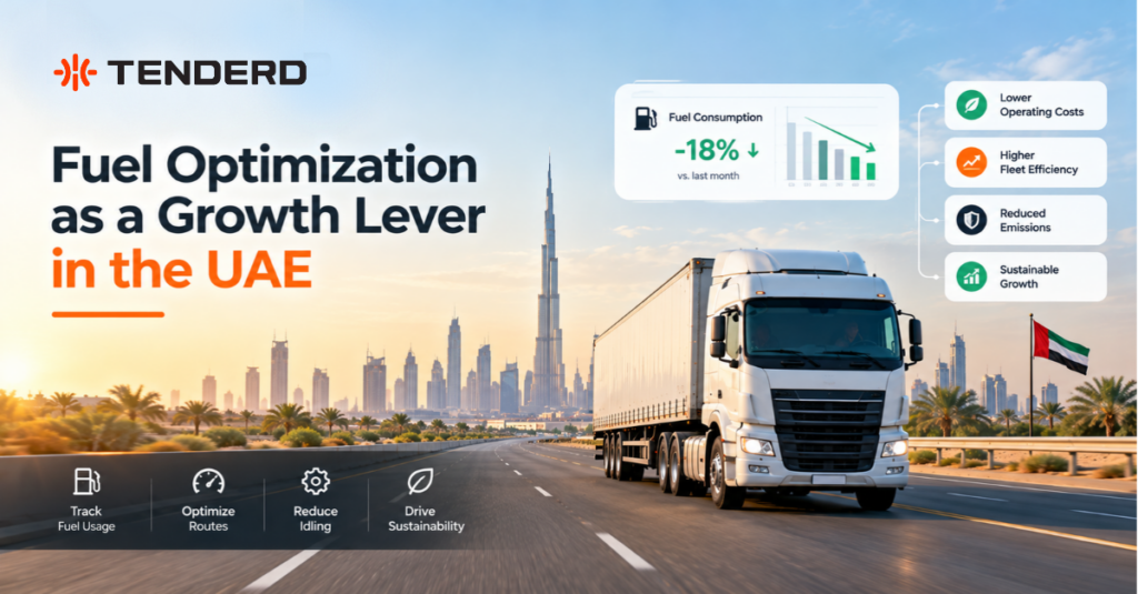 Fuel optimization for UAE fleets with a truck on a Dubai highway, fuel consumption analytics, and fleet efficiency indicators.