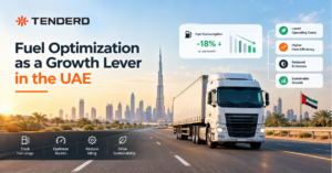 Fuel optimization for UAE fleets with a truck on a Dubai highway, fuel consumption analytics, and fleet efficiency indicators.