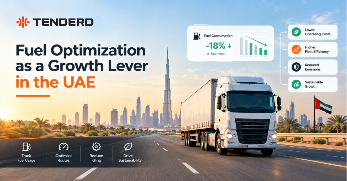 Fuel optimization for UAE fleets with a truck on a Dubai highway, fuel consumption analytics, and fleet efficiency indicators.