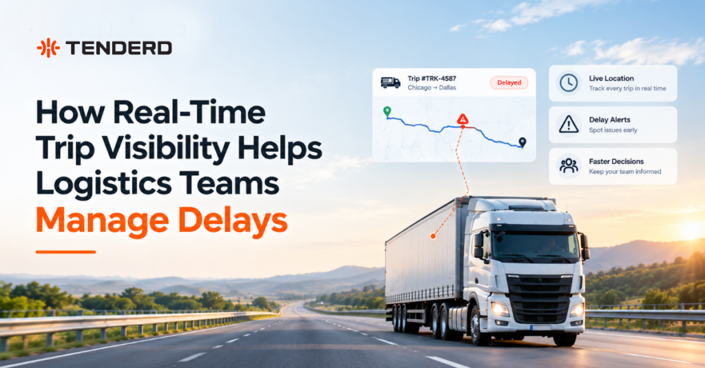 Real-time trip visibility dashboard showing a delayed logistics truck route and delay alerts on a highway.