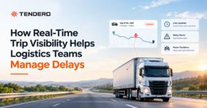 Real-time trip visibility dashboard showing a delayed logistics truck route and delay alerts on a highway.