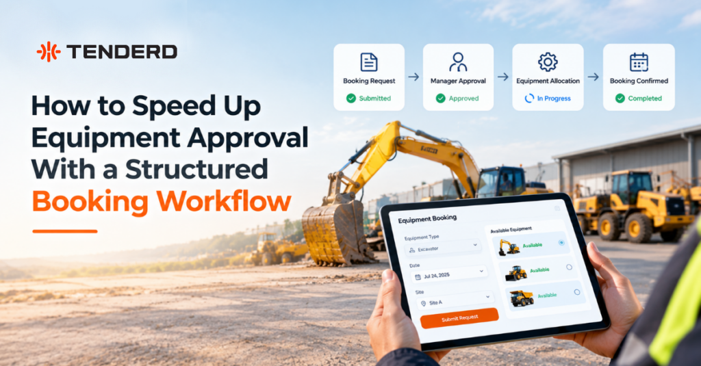 Equipment booking workflow showing request submission, manager approval, equipment allocation, and booking confirmation.