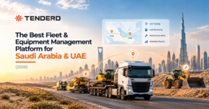 TENDERD banner showing a fleet of trucks and heavy equipment operating in a Middle Eastern desert, with Saudi Arabia and UAE fleet management tracking features highlighted.